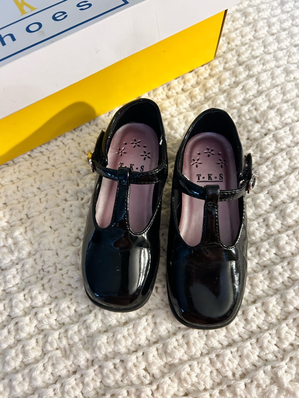 audrey Black Patent T-Strap Mary Janes with Pink Insole